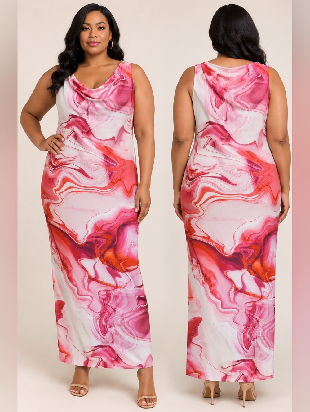 DKNY Pink and Coral Marble Midi Dress